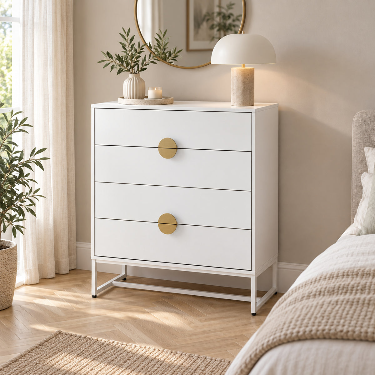 Cortez 80cm Tallboy Chest of 4 Drawers White, in a bedroom beneath a round mirror