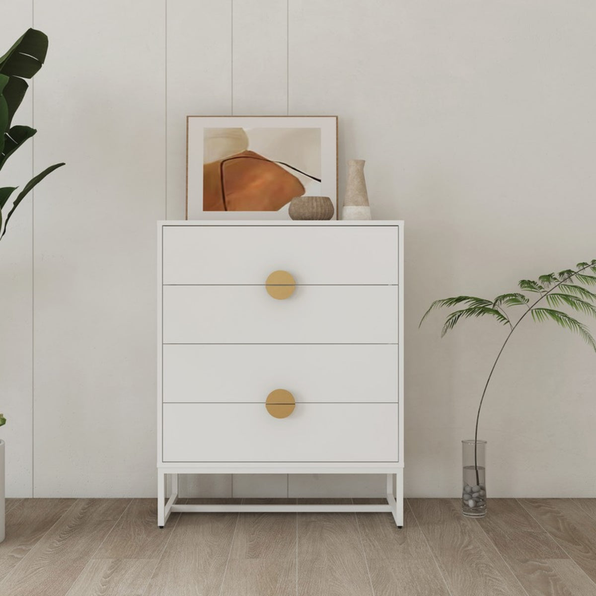 Cortez 80cm Tallboy Chest of 4 Drawers White, in a room with artwork and a potted plant