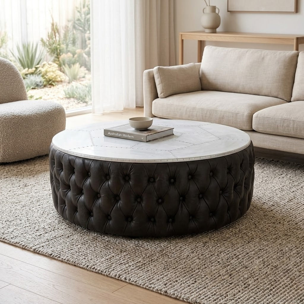 Cuba 126cm Round Leather Coffee Table Black
