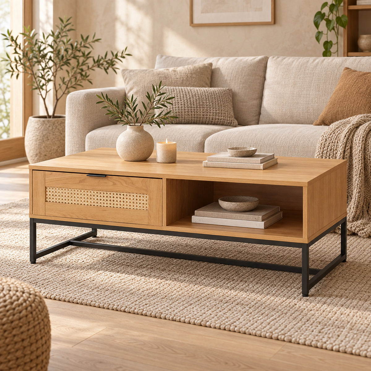 Debora 120cm Coffee Table Oak, in front of a sofa in a living room
