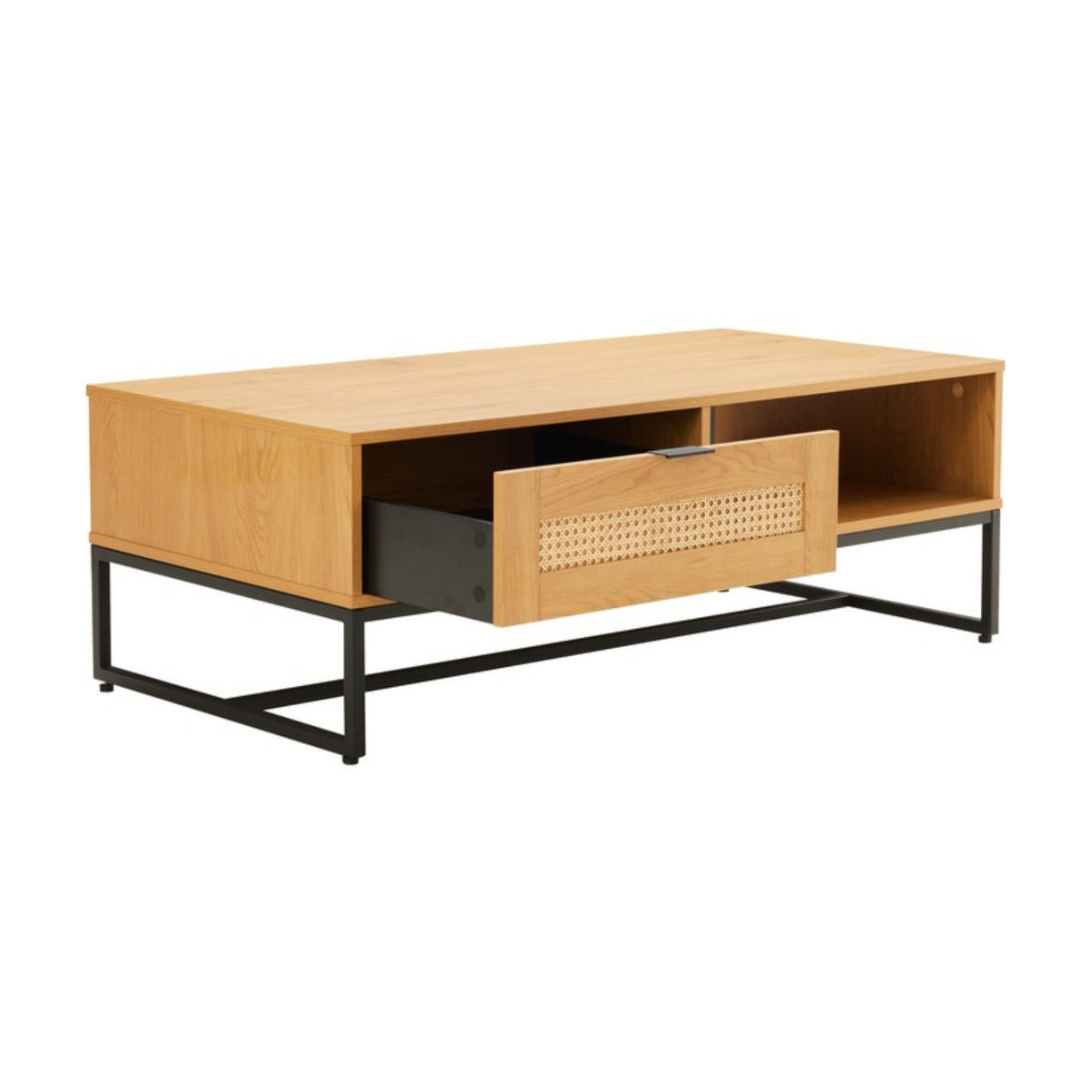 Debora 120cm Coffee Table Oak, angled view with the drawer open