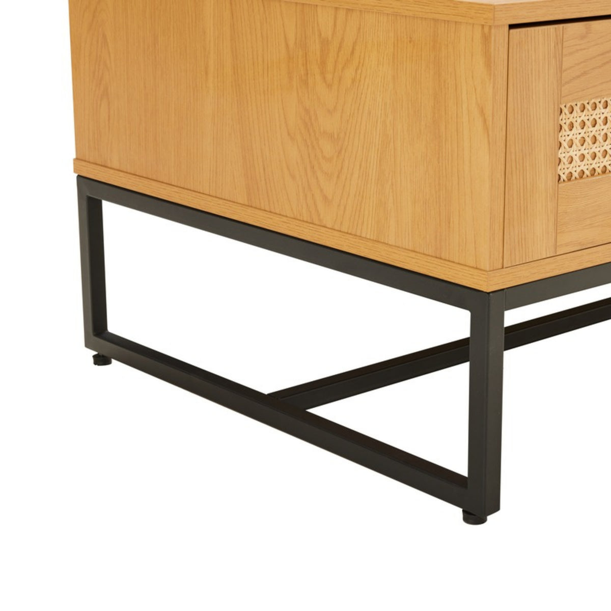 Debora 120cm Coffee Table Oak, close-up of the corner and black metal frame