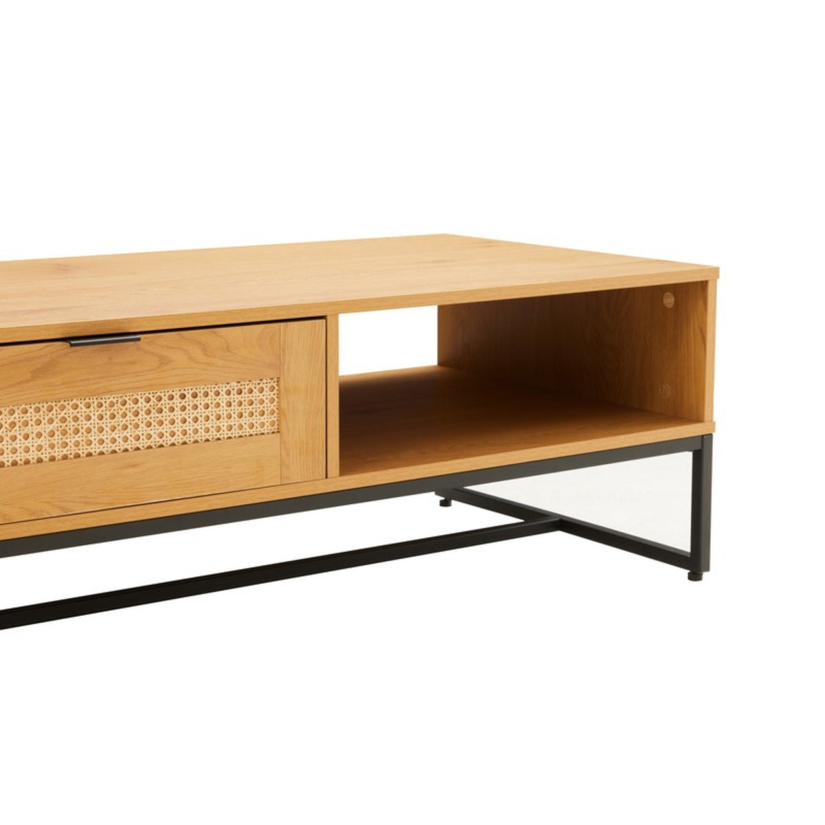 Debora 120cm Coffee Table Oak, low front view of the drawer and open shelf