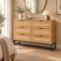 Debora 120cm Dresser Chest of 6 Drawers Oak, in a bedroom beneath a round mirror