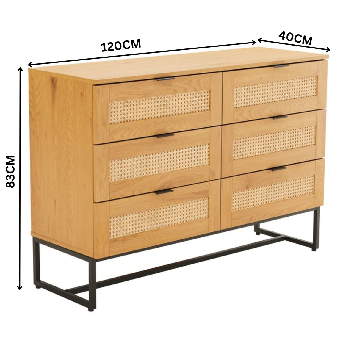 Debora 120cm Dresser Chest of 6 Drawers Oak — dimensions diagram