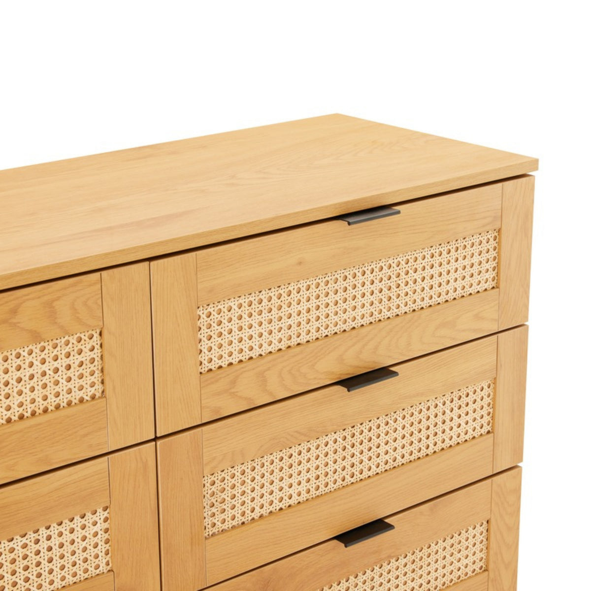 Debora 120cm Dresser Chest of 6 Drawers Oak, close-up of the rattan drawer fronts and pulls