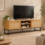 Debora 150cm ETU Entertainment TV Unit Oak, in a living room with a TV on top, three-quarter view