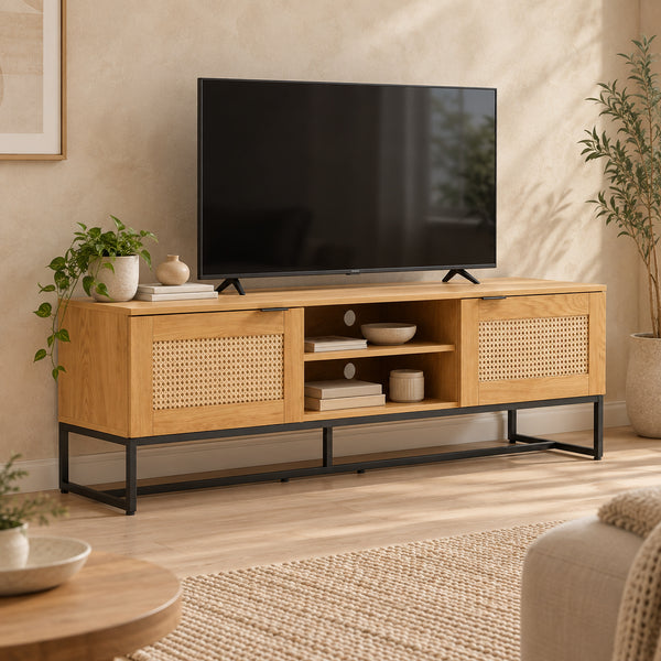 Debora 150cm ETU Entertainment TV Unit Oak, in a living room with a TV on top, three-quarter view