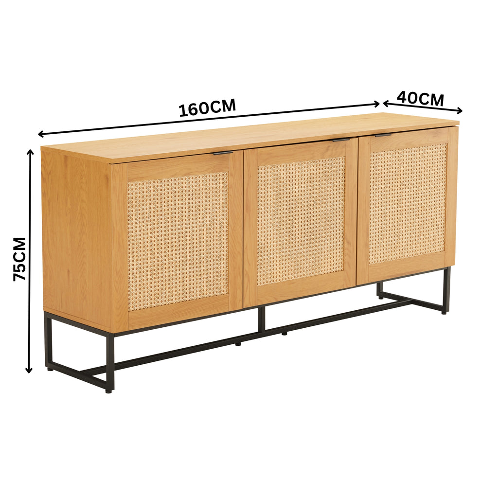 Debora 160cm Sideboard Buffet Table Oak, angled view with all three doors open