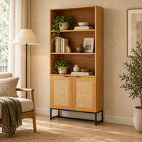 Debora 80cm 2 Door Bookshelf Oak, in a living room corner styled with books and plants