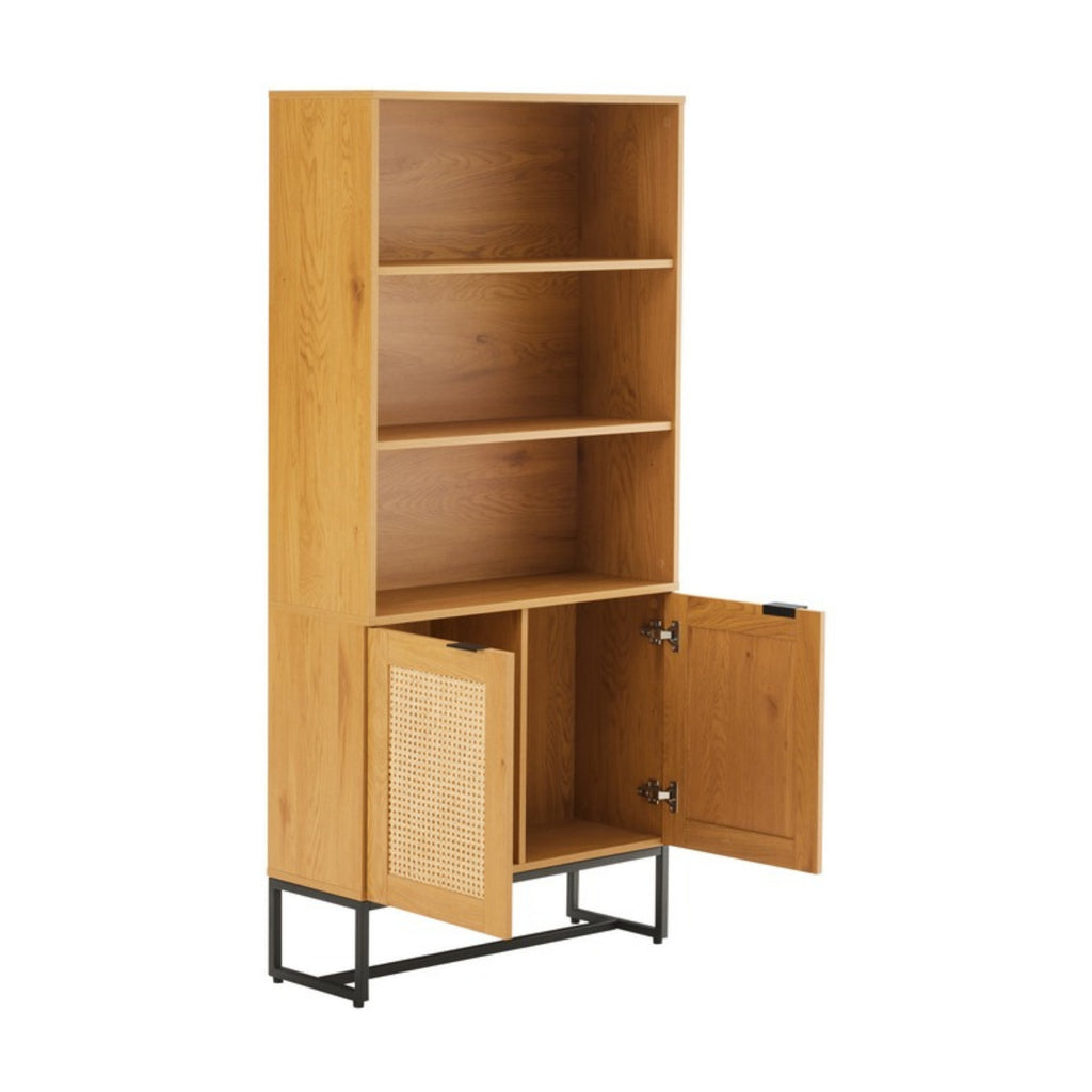 Debora 80cm 2 Door Bookshelf Oak, angled view with the cabinet doors open
