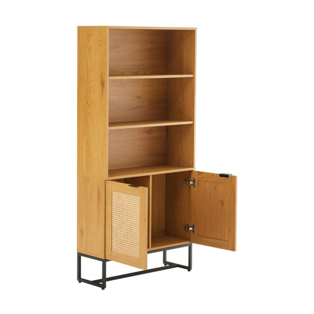 Debora 80cm 2 Door Bookshelf Oak, angled view with the cabinet doors open