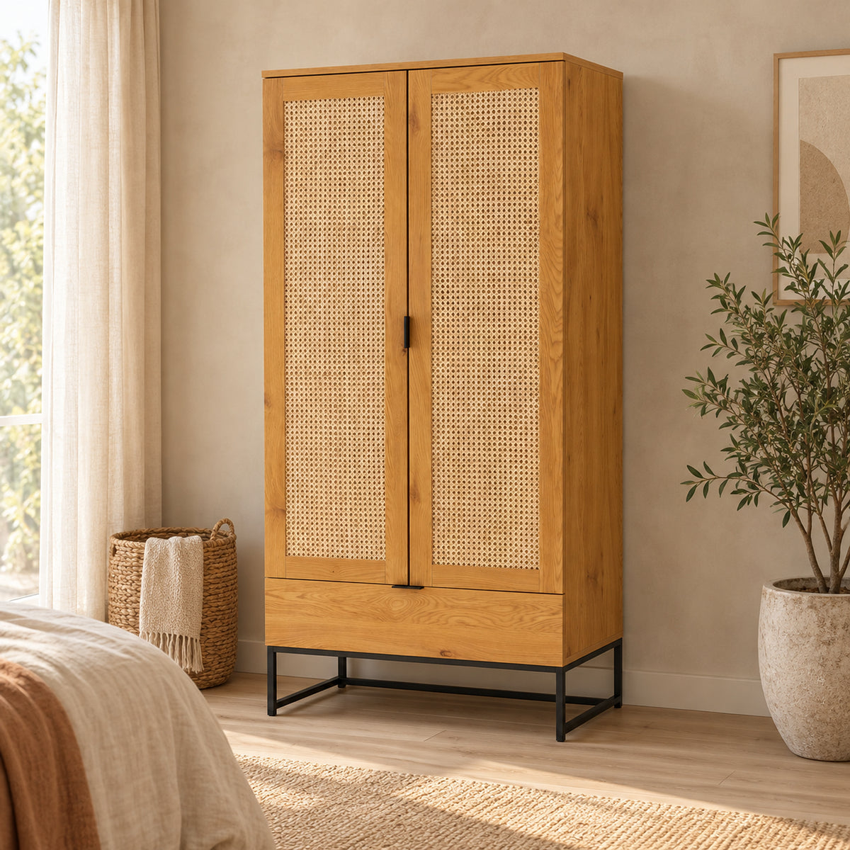Debora 80cm 2 Door Wardrobe Oak, in a bedroom beside the bed