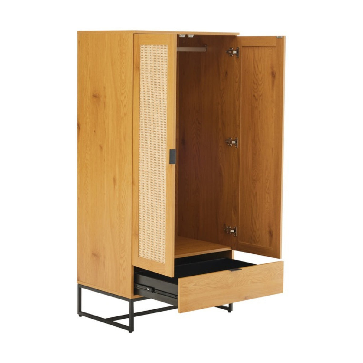 Debora 80cm 2 Door Wardrobe Oak, angled view with the doors and drawer open