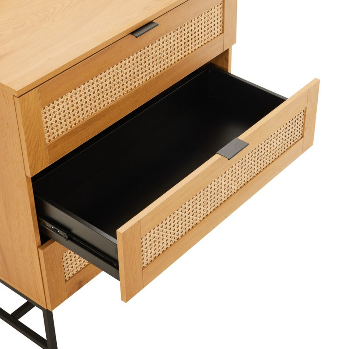 Debora 80cm Tallboy Chest of 3 Drawers Oak, close-up of an open drawer