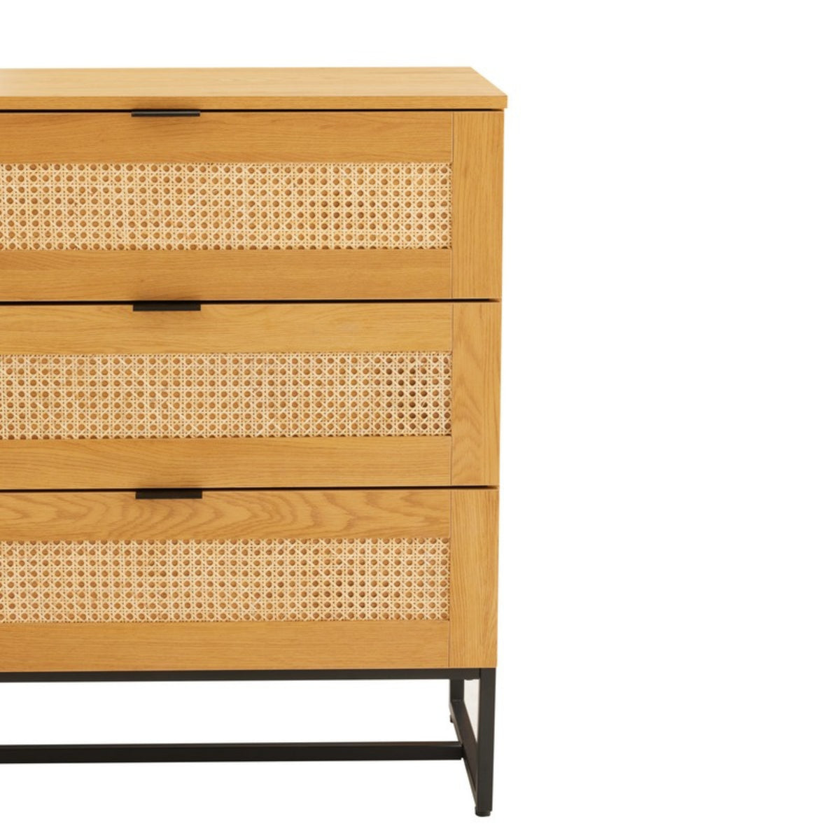Debora 80cm Tallboy Chest of 3 Drawers Oak, straight-on view of the rattan drawer fronts