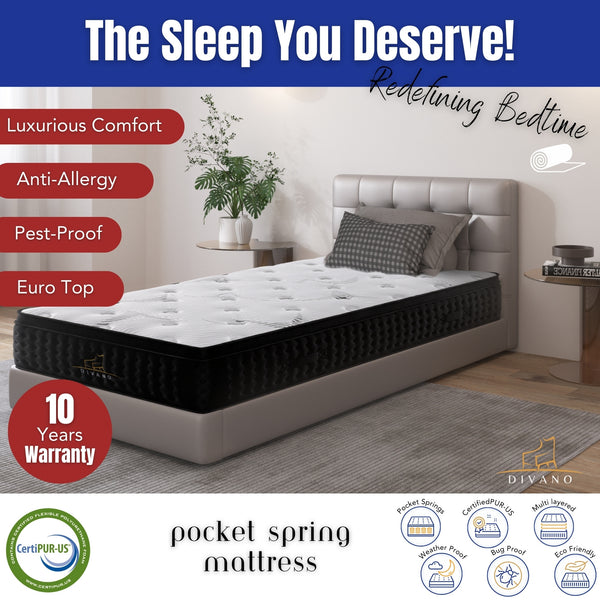 Divano Bedding 32cm Mattress Euro Top Pocket Spring Single 