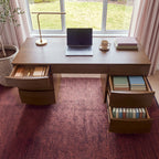 Dorit 172cm 7 Drawer Home Office Desk Walnut seen from above with drawers open, holding stationery and books
