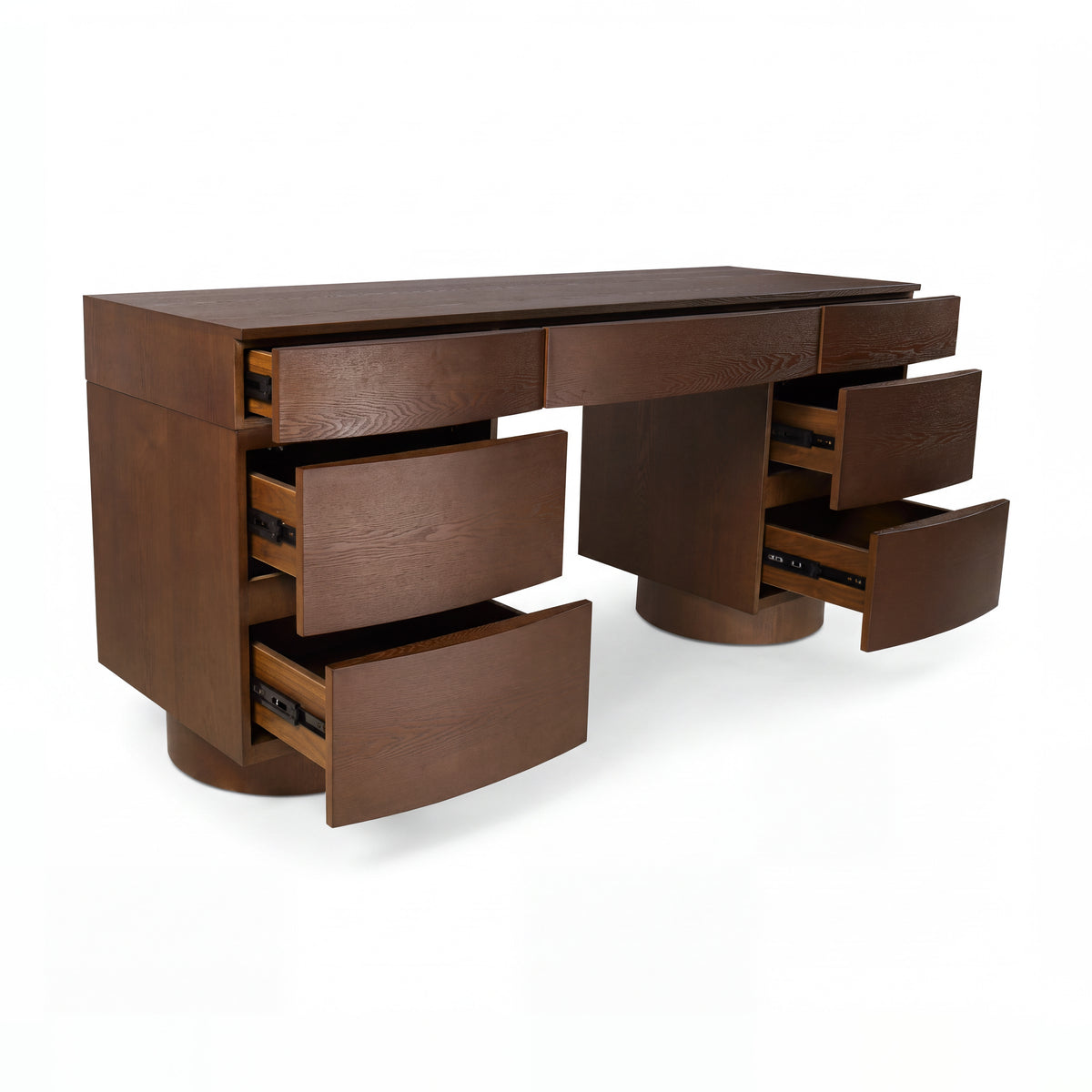 Dorit 172cm 7 Drawer Home Office Desk Walnut with all seven drawers open on metal runners, on a white background