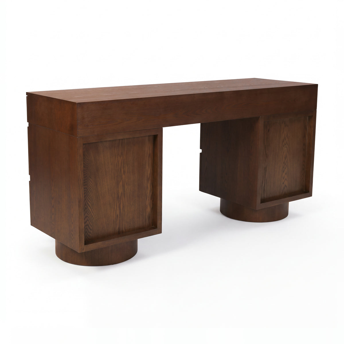 Dorit 172cm 7 Drawer Home Office Desk Walnut, rear three-quarter view on a white background showing the finished back