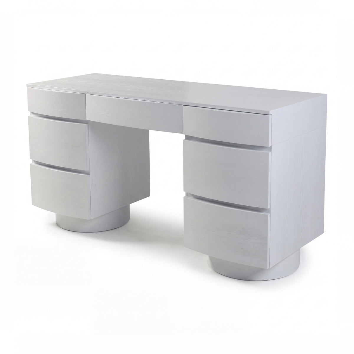 Dorit 172cm 7 Drawer Home Office Desk White, three-quarter view on a white background showing seven curved drawer fronts over two round plinths