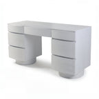 Dorit 172cm 7 Drawer Home Office Desk White, three-quarter view on a white background showing seven curved drawer fronts over two round plinths