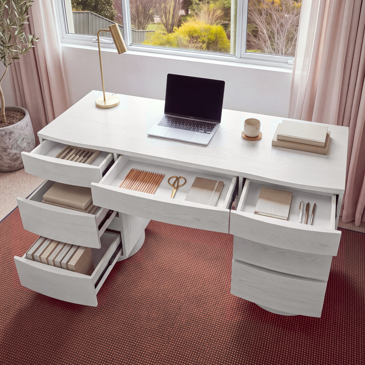 Dorit 172cm 7 Drawer Home Office Desk White seen from above with drawers open, holding stationery and books