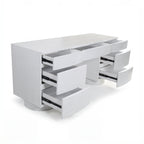 Dorit 172cm 7 Drawer Home Office Desk White with all seven drawers open on metal runners, on a white background