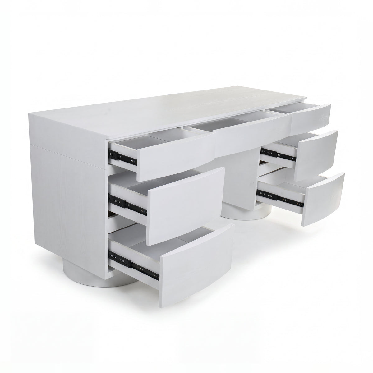 Dorit 172cm 7 Drawer Home Office Desk White with all seven drawers open on metal runners, on a white background