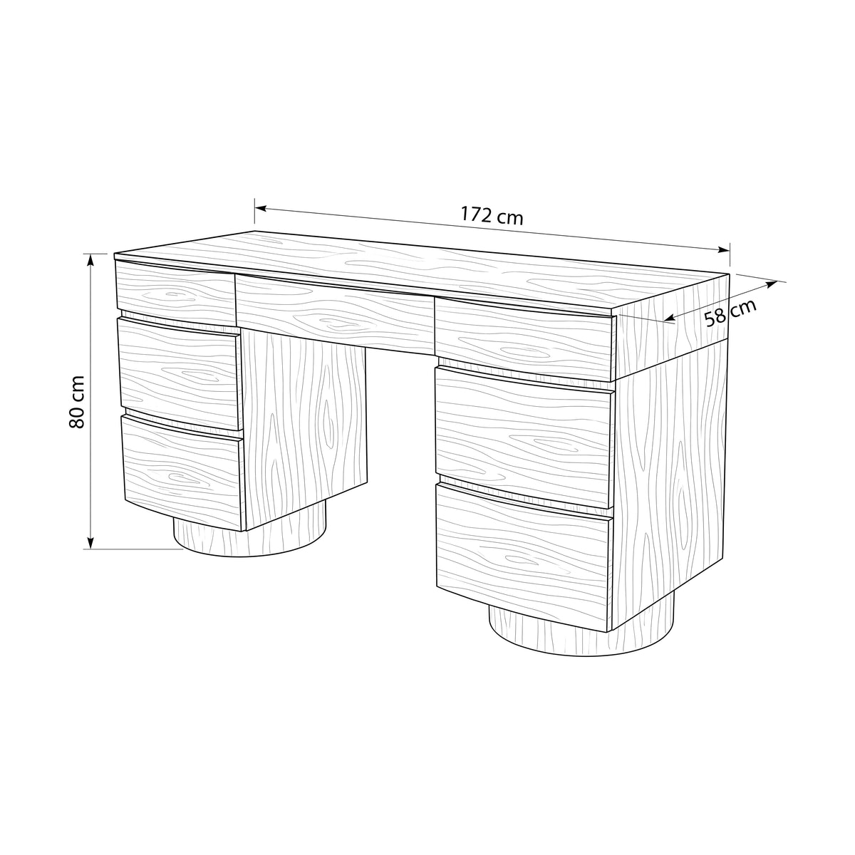 Dorit 172cm 7 Drawer Home Office Desk White, dimension drawing: 172 cm wide, 58 cm deep, 80 cm high