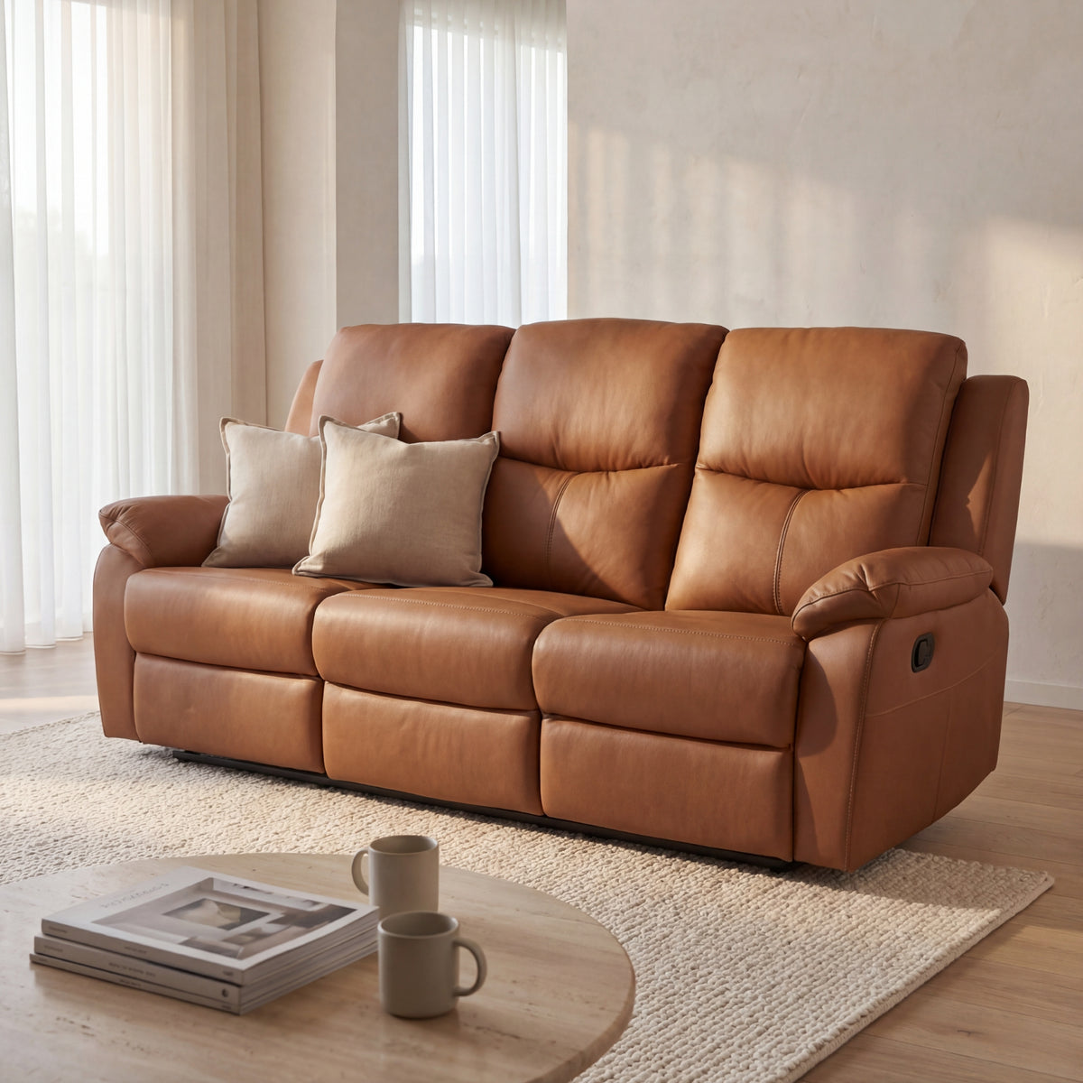 Duke 3 Seater Manual Recliner Genuine Leather Tan