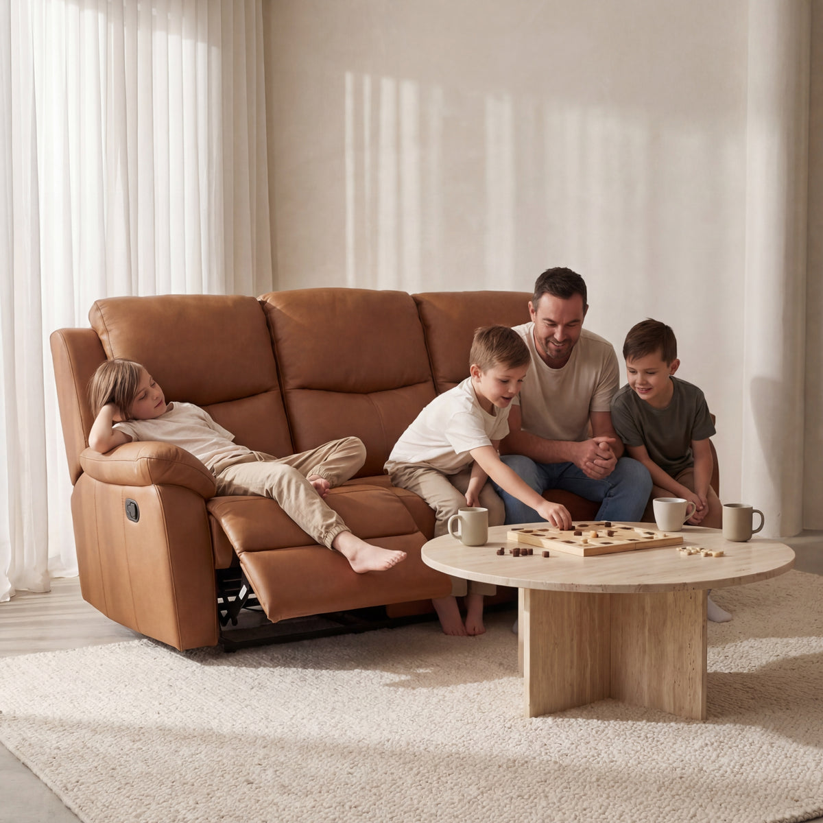Duke 3 Seater Manual Recliner Genuine Leather Tan