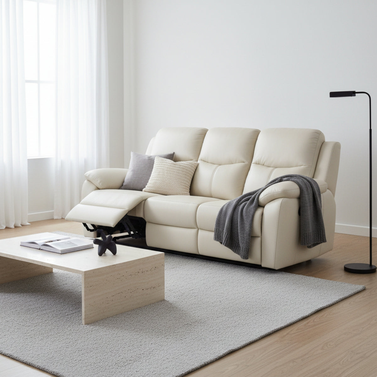 Duke 3 Seater Manual Recliner Genuine Leather Wheat Grey