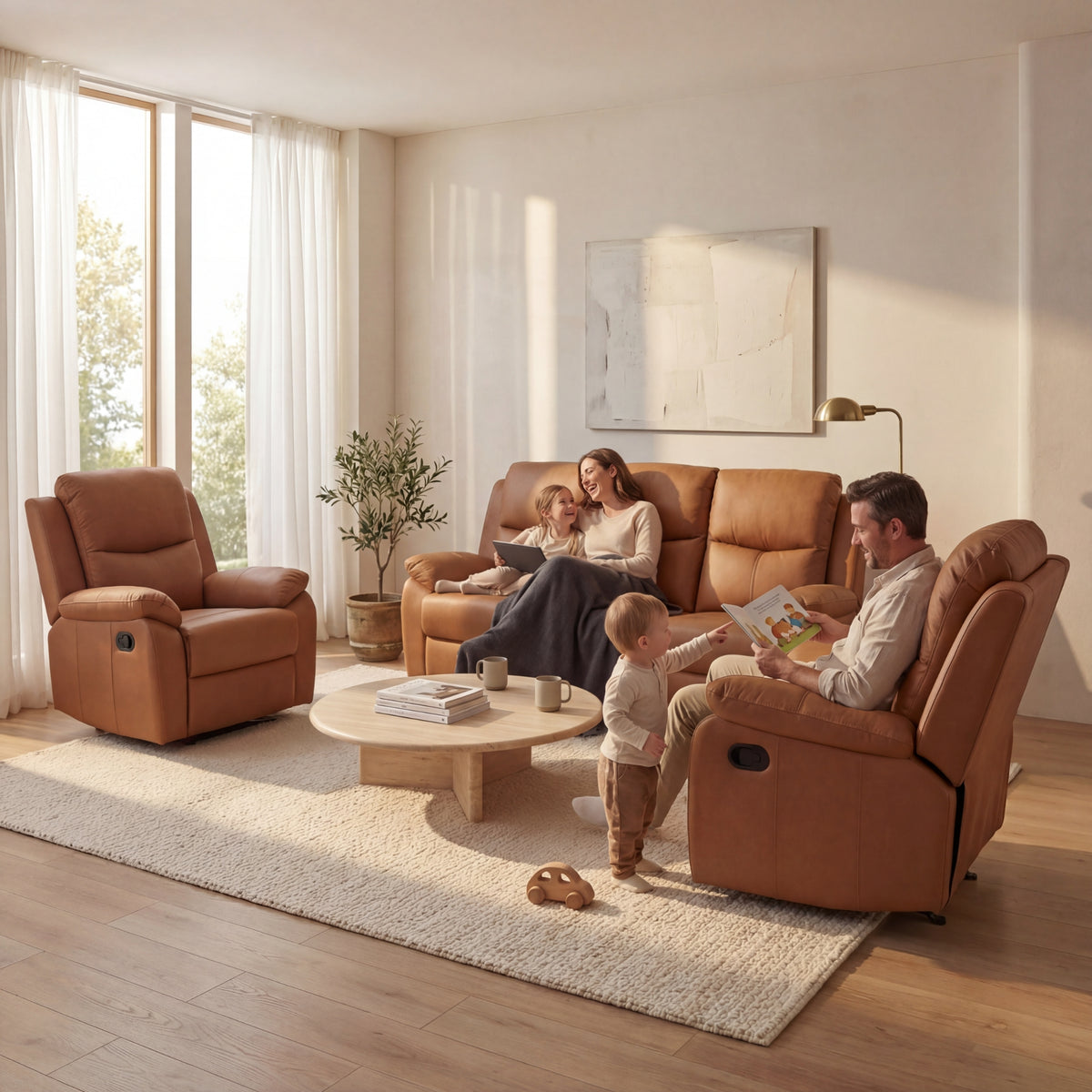 Duke 3+1+1 Seater Manual Recliner Genuine Leather Tan