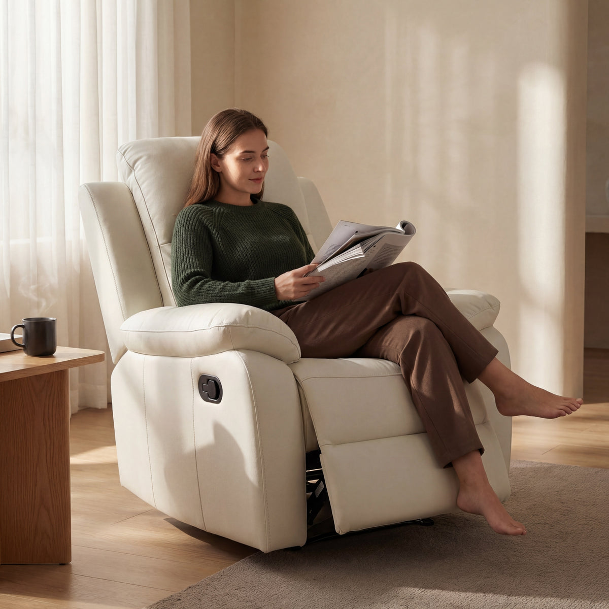 Duke Single Seater Manual Recliner Chair Genuine Leather Off White