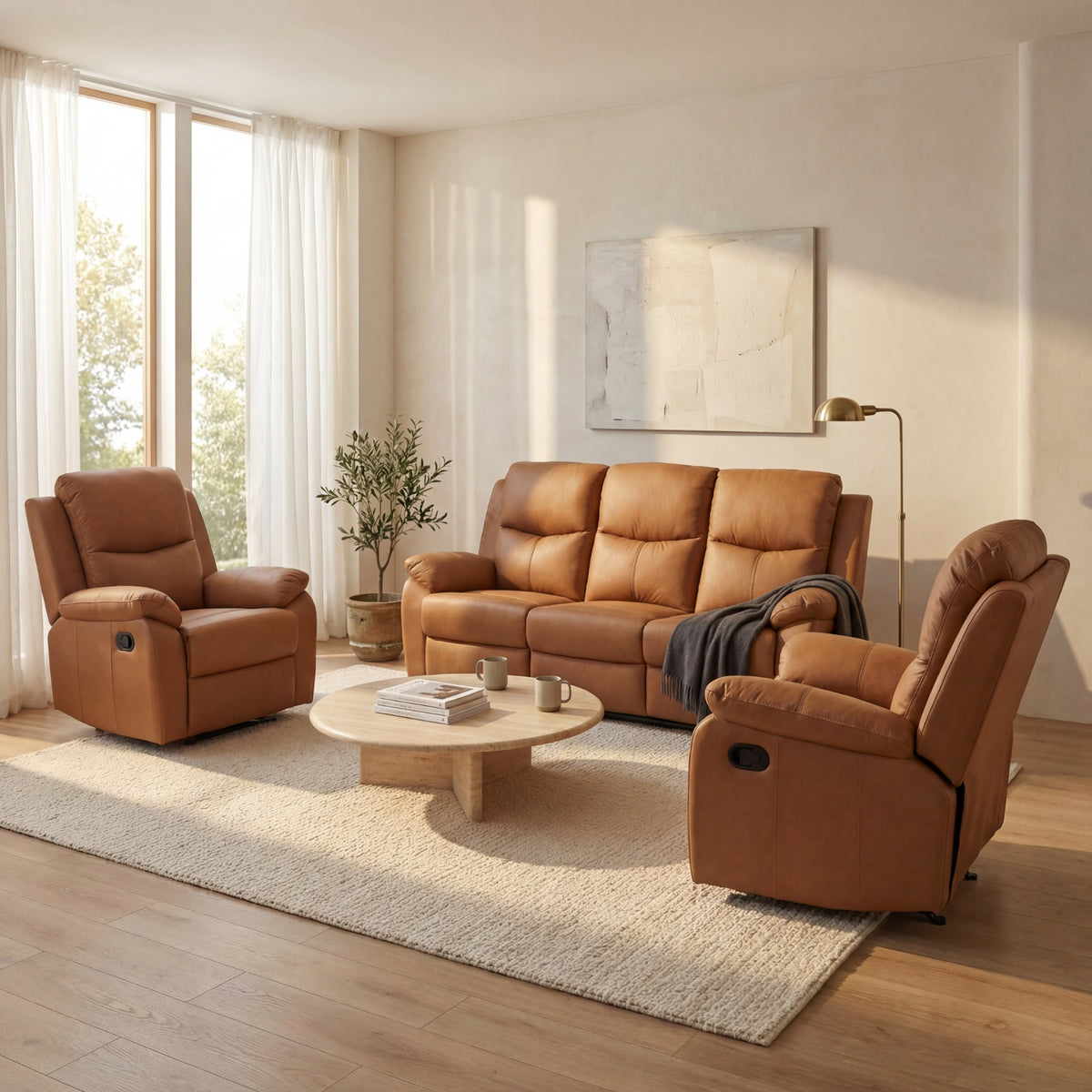 Duke Single Seater Manual Recliner Chair Genuine Leather Tan