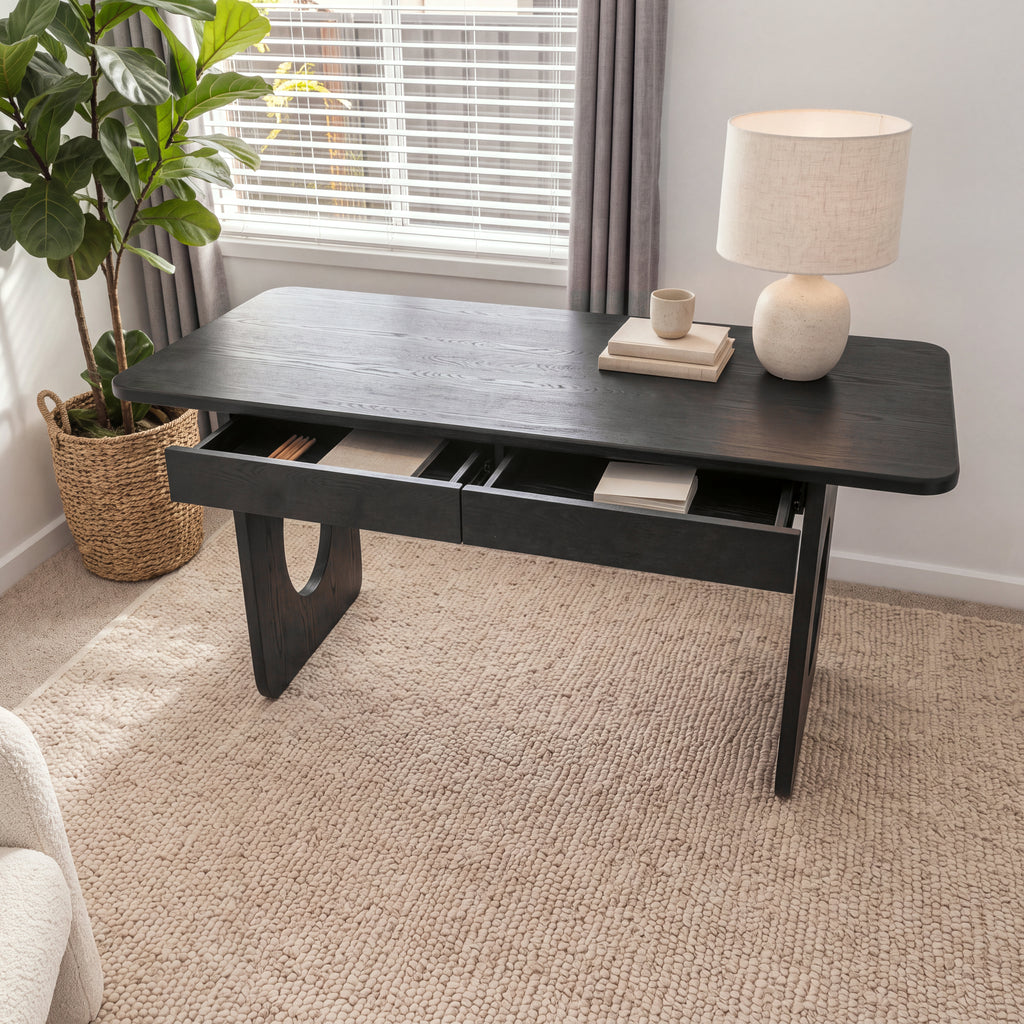 Elara 170cm Home Office Desk Black seen from above with both drawers open, holding stationery