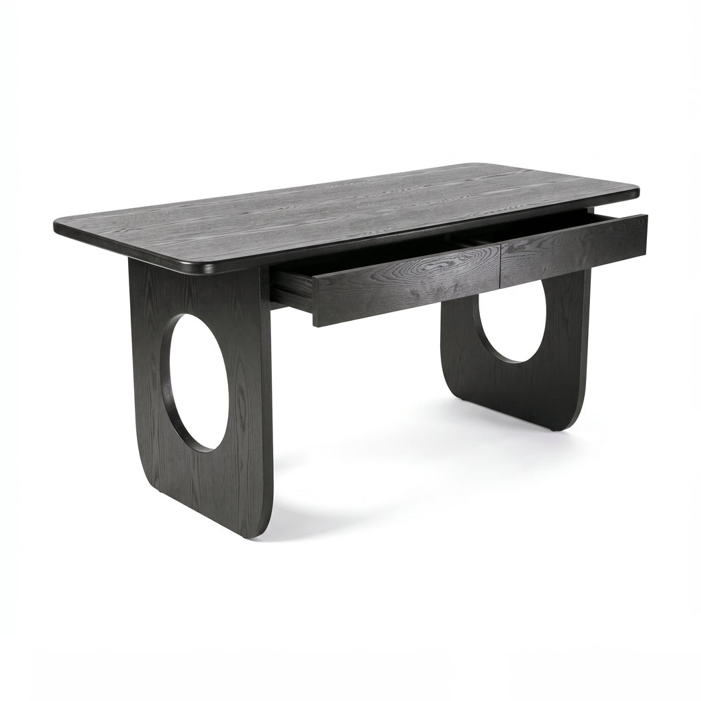 Elara 170cm Home Office Desk Black with both drawers open on metal runners, on a white background