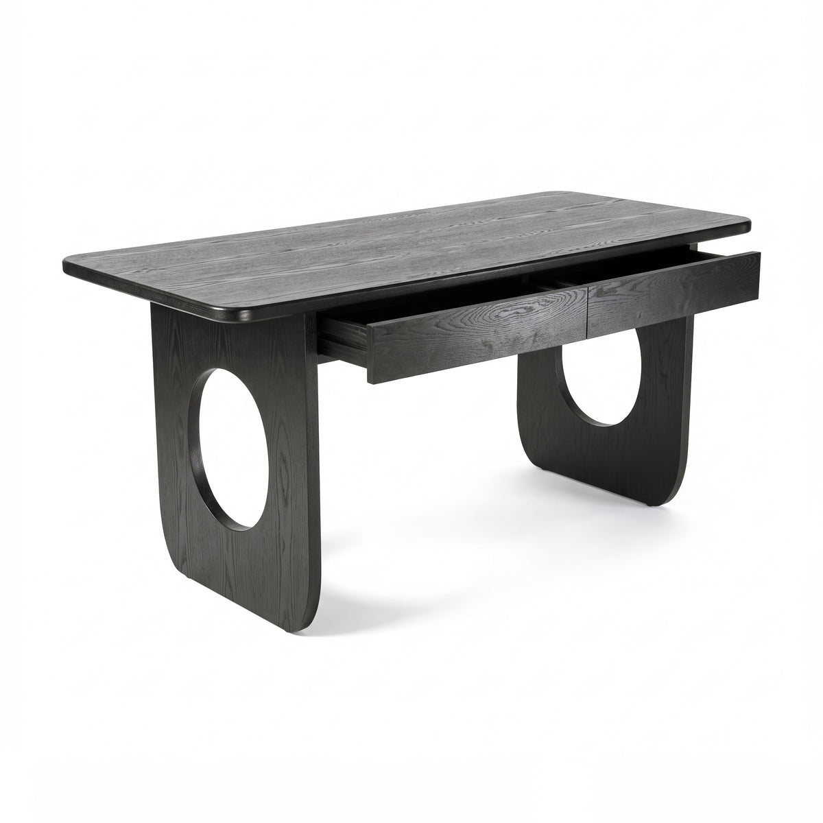 Elara 170cm Home Office Desk Black with both drawers open on metal runners, on a white background