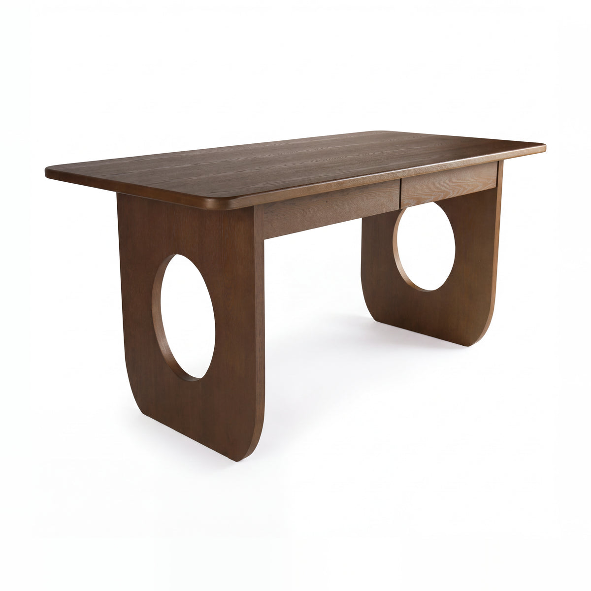Elara 170cm Home Office Desk Walnut, three-quarter view on a white background showing the panel legs with oval cut-outs