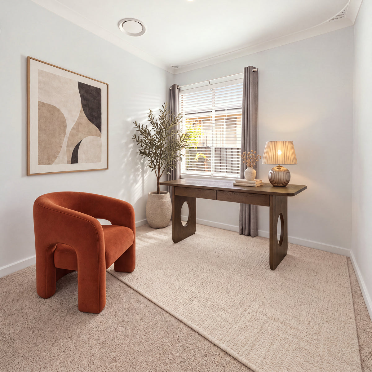 Elara 170cm Home Office Desk Walnut in a study with a rust armchair and abstract wall art, wide view