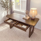 Elara 170cm Home Office Desk Walnut seen from above with both drawers open, holding stationery