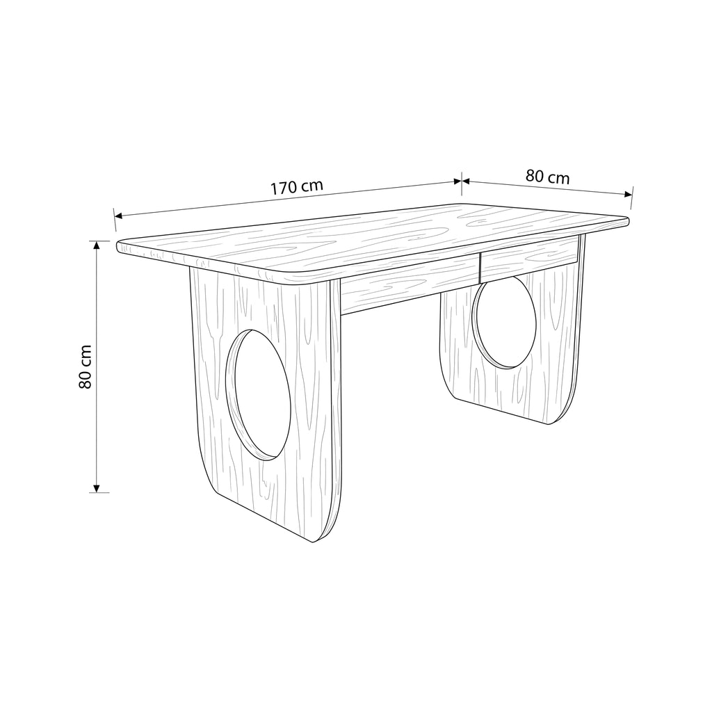 Elara 170cm Home Office Desk Walnut, dimension drawing: 170 cm wide, 80 cm deep, 80 cm high