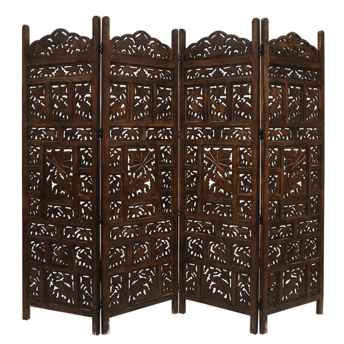 Elephant 4 Panel Room Divider Screen Privacy Shoji Timber Wood Stand - Burnt