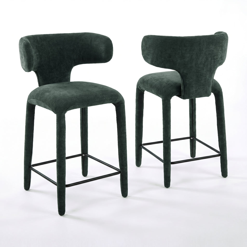 Emma 2pc Set Bar Chair Barstool Green, pair of stools, front and rear views, on a white background