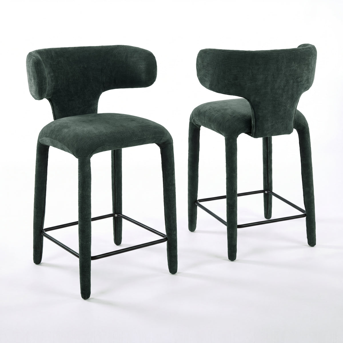 Emma 2pc Set Bar Chair Barstool Green, pair of stools, front and rear views, on a white background