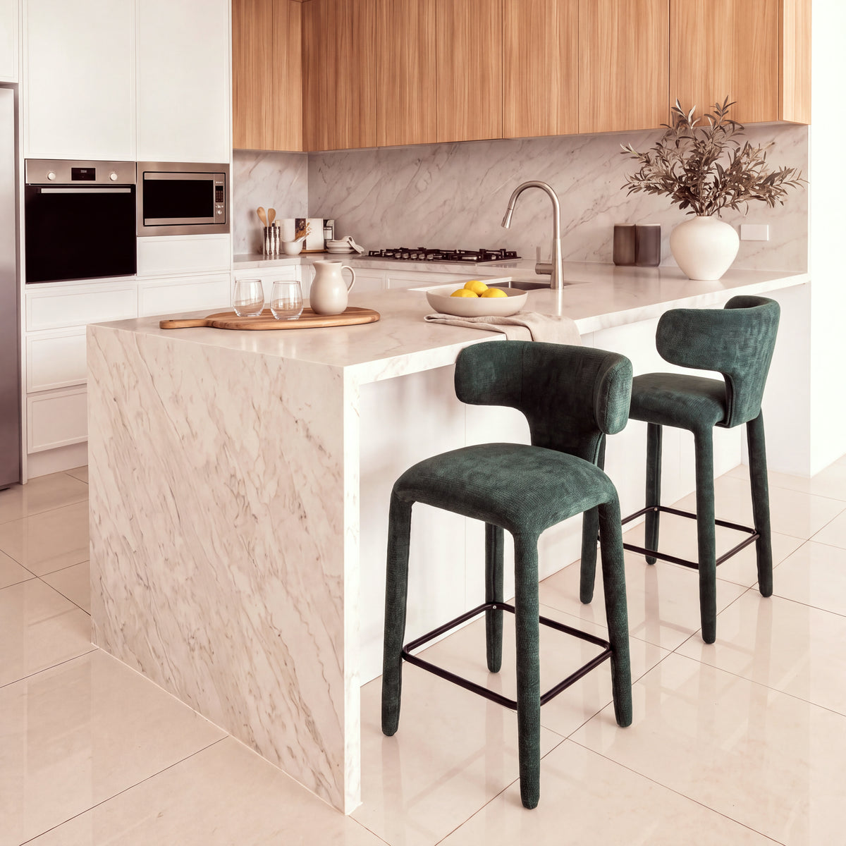 Emma 2pc Set Bar Chair Barstool Green, at a marble kitchen island