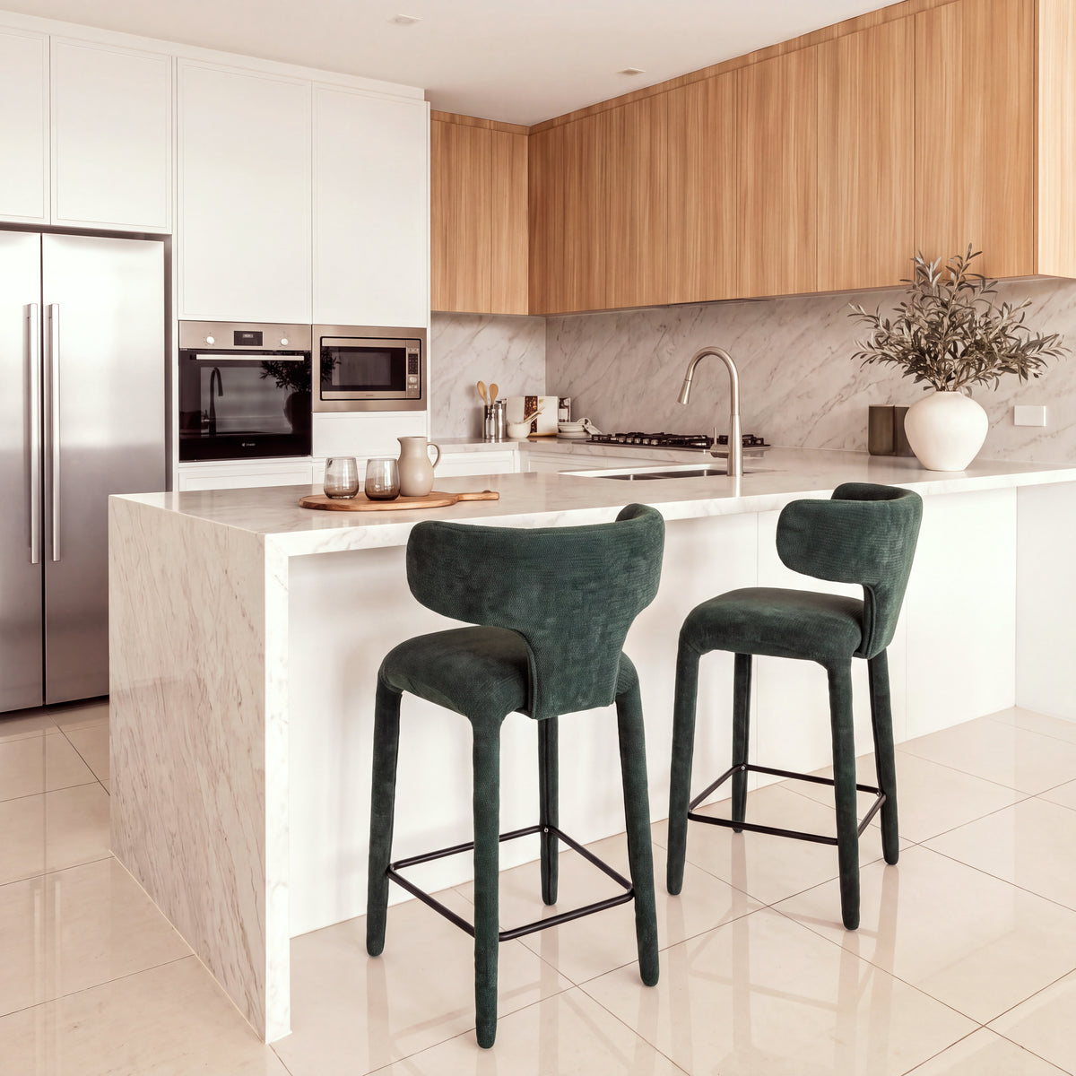 Emma 2pc Set Bar Chair Barstool Green, in a kitchen, wide view