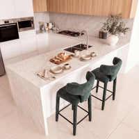 Emma 2pc Set Bar Chair Barstool Green, at a kitchen island with a serving board, raised view