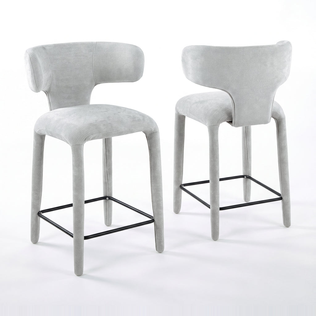 Emma 2pc Set Bar Chair Barstool Grey, pair of stools, front and rear views, on a white background